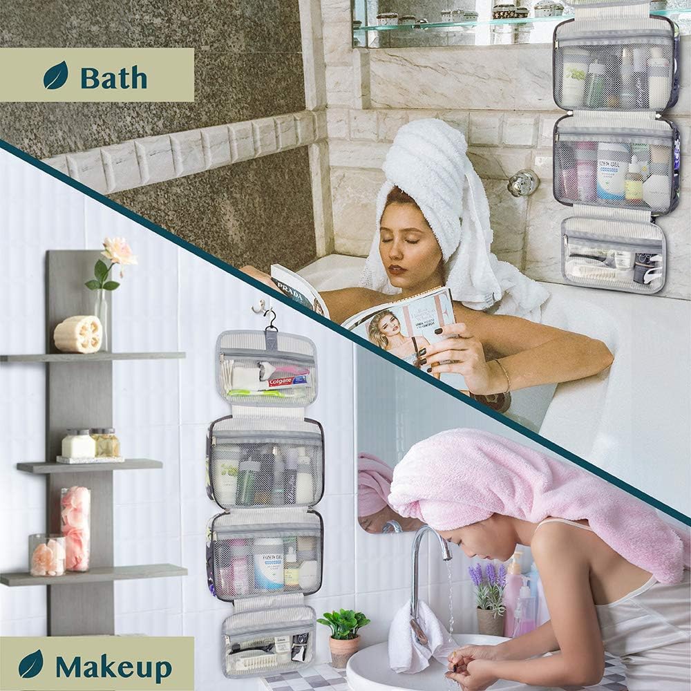 PAVILIA Hanging Toiletry Bag Travel Bag Women Men, Foldable Cosmetic Organizer, Roll up Makeup Bag, Water Resistant Accessories Toiletries, Large Travel Essentials Kit (Grey Floral) - Image 8