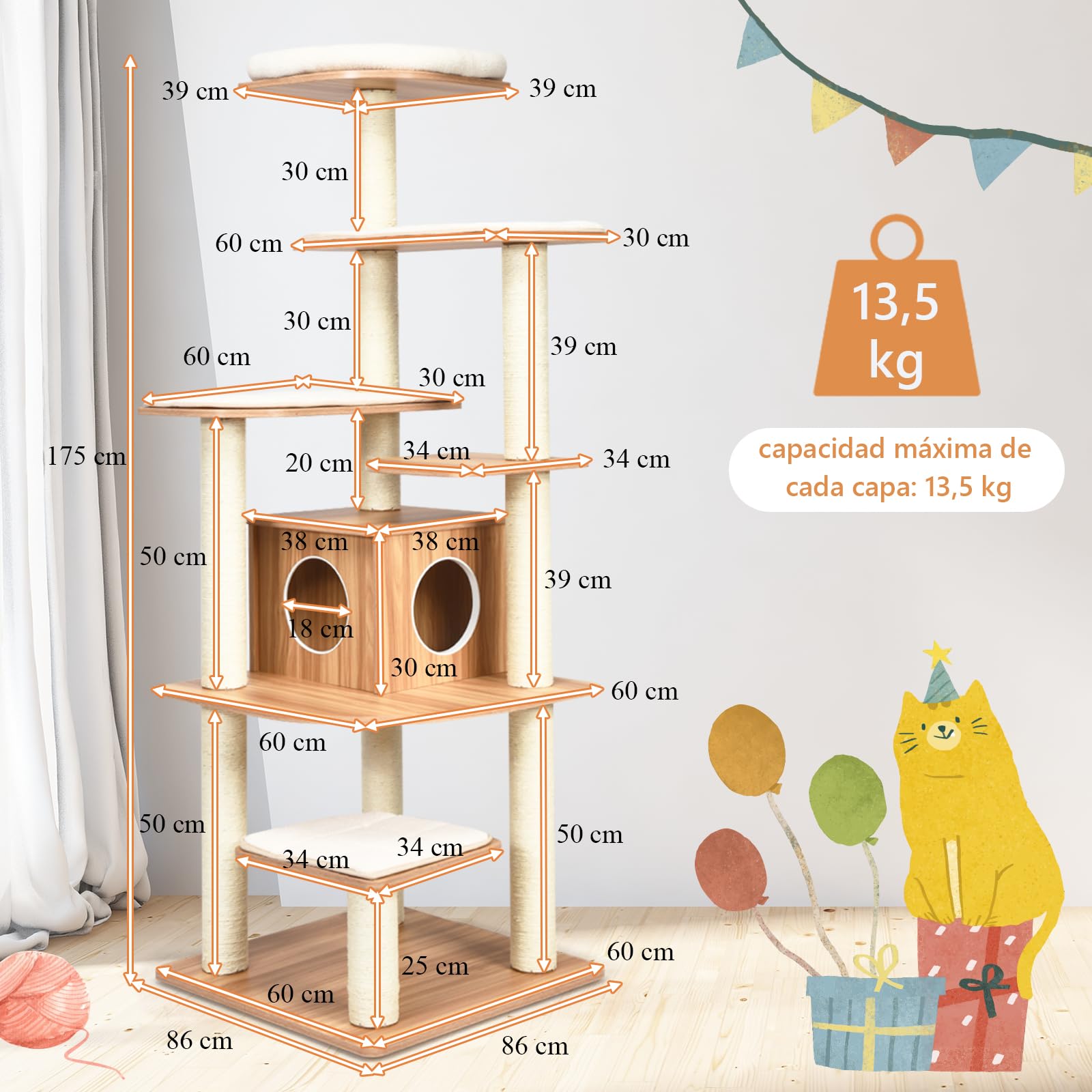 GOPLUS Árbol para Gatos de Madera de XXL 175 CM, Torre para Gatos de 6 Niveles con Poste Rascador de Sisal, Diseño Antivuelco, Cojines Cómodos, 59×49×140CM