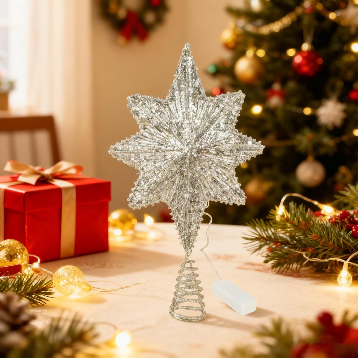 Christmas Tree Topper 15-inch North Star Tree Topper with 20 LED Lights Festive Decor Christmas Tree Star Topper.