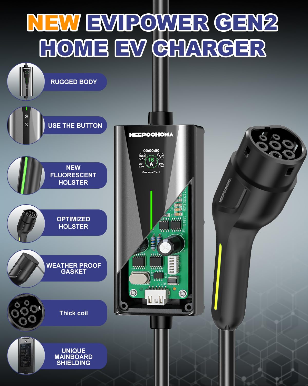 Typ 2 Ladekabel Schuko 10m 3,68kW, EV Ladegerät 6-16A einstellbar, 1-phasig Elektroauto Ladekabel mit LED-Anzeige, tragbare Ladestation IP65 für PHEV/EV (HPO - 3.7KW, 10M)