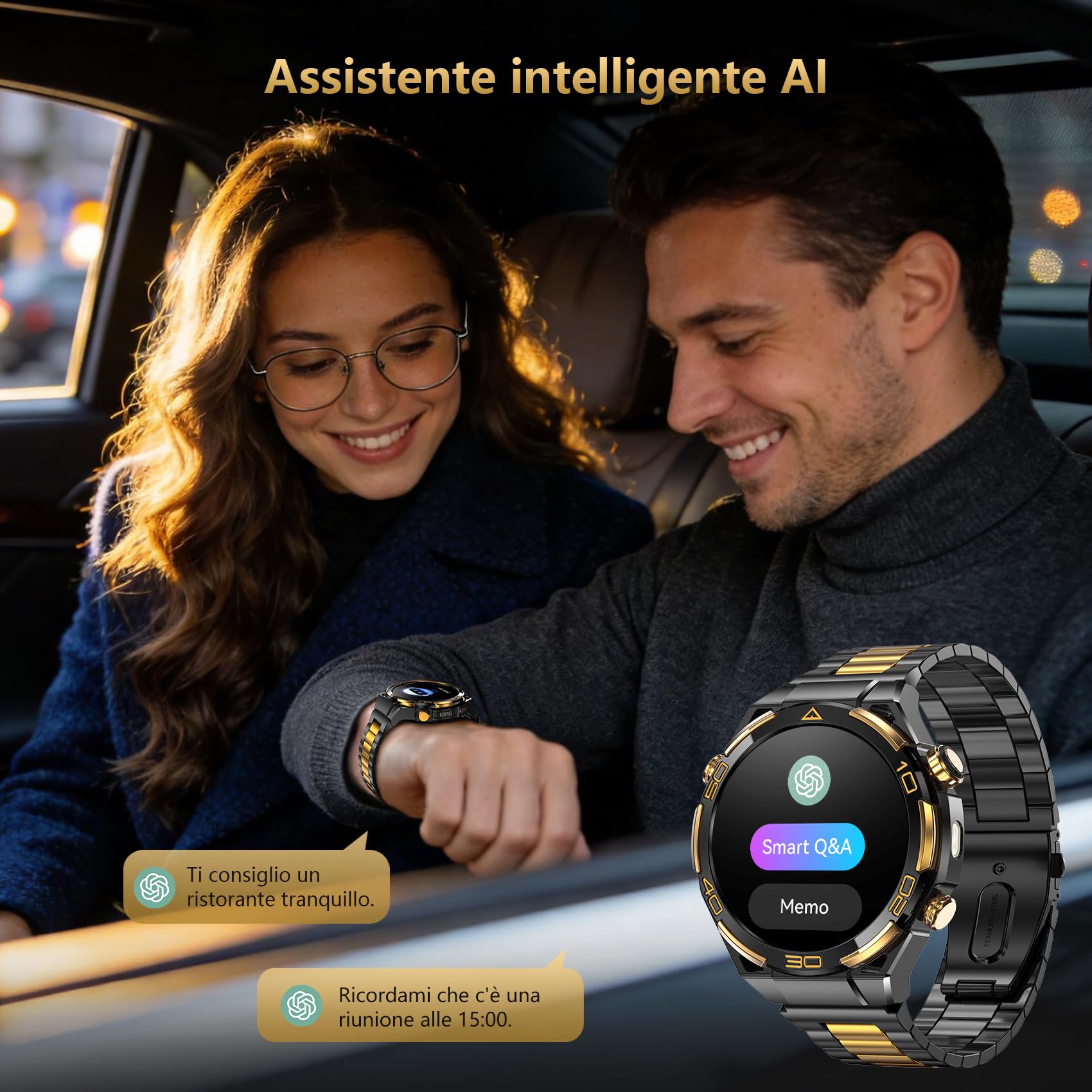 IOWODO Smartwatch Uomo Business, Display AMOLED 1.43", Batteria 900mAh, 100 Giorni Standby, Orologio Intelligente Premium con CHATGPT, GPS e Monitoraggio Salute per Android iOS,2 Cinturini
