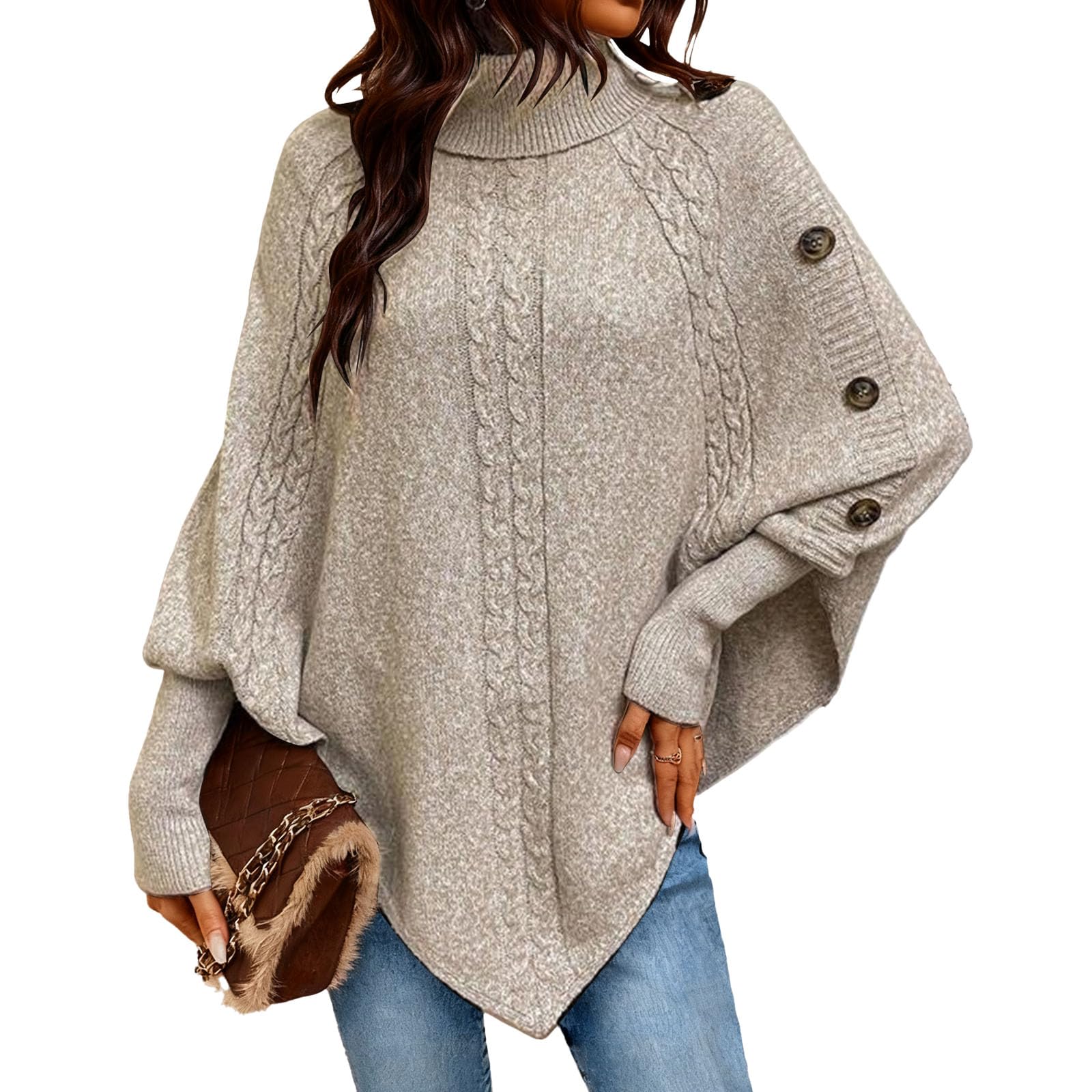 Womens Turtleneck Poncho Cape Wrap Sweaters Turtleneck Chunky Knit Sweaters Fashion Oversized Pullover Jumper Tops