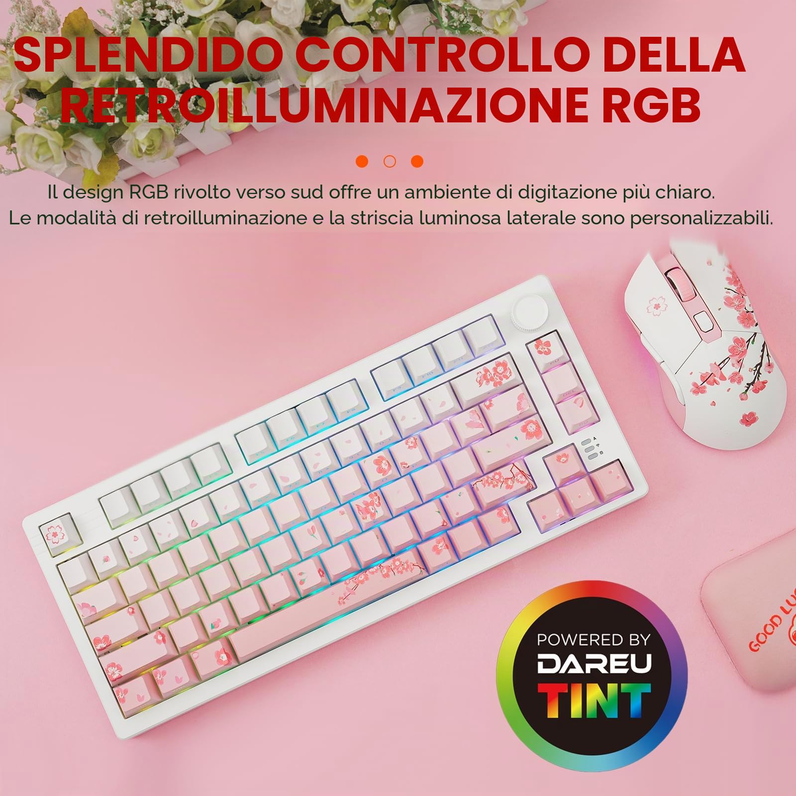 DAREU EK75PRO Sakura Pink Tastiera Meccanica Senza Fili 75% RGB Hot Swap Creamy Tastiera Gamer Meccanica con Knob, 2.4Ghz/BT5.1/USB-C, Gasket Mount, PBT Keycaps, Linear Dream Switch per Win/Mac