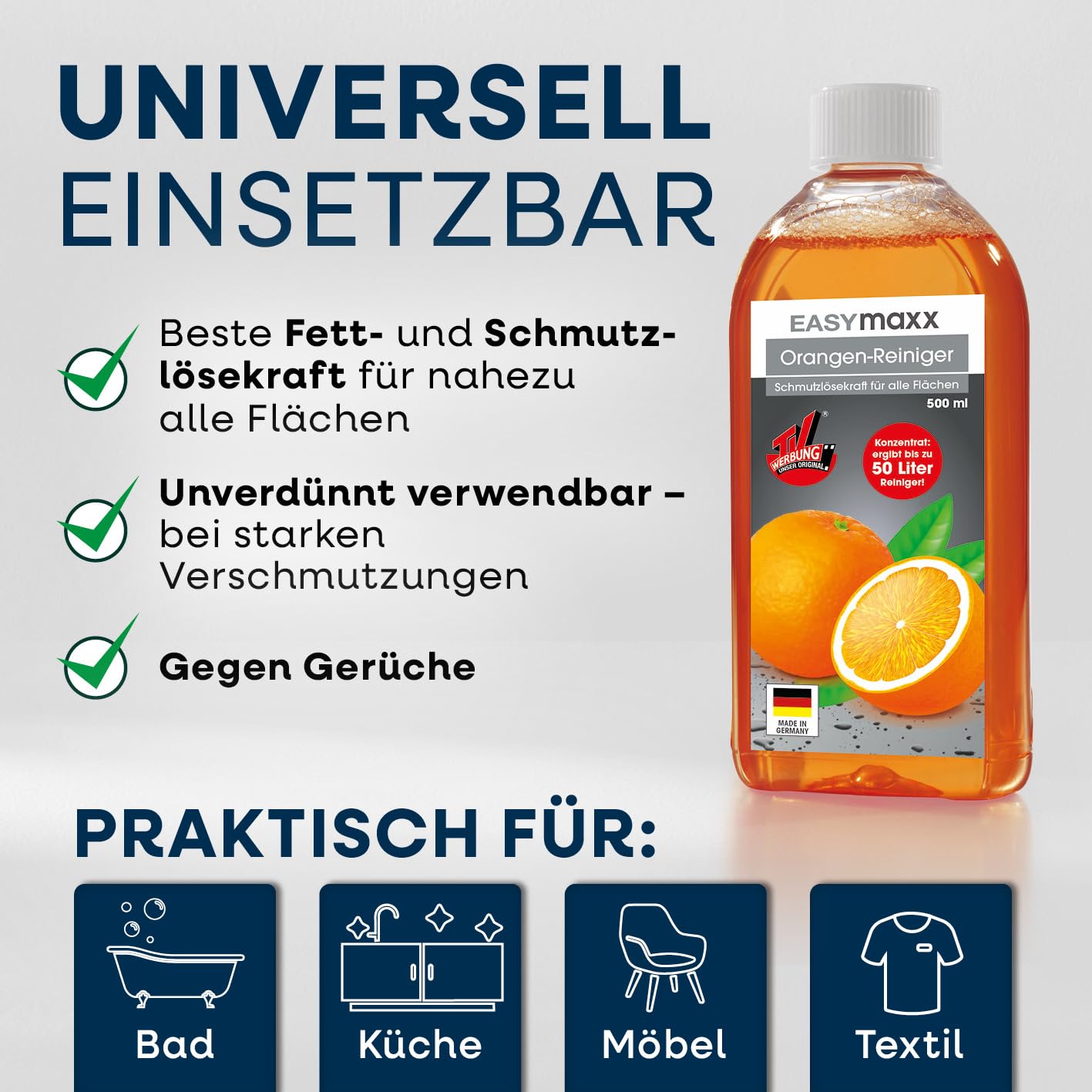 EASYmaxx Orangenreiniger Konzentrat - Badreiniger, Küchenreiniger & Allzweckreiniger in einem | 4x500ml Putzmittel inkl. 2 Sprühflaschen | Cleaner mit effektiver Allesreiniger Wirkung & Fettlösekraft