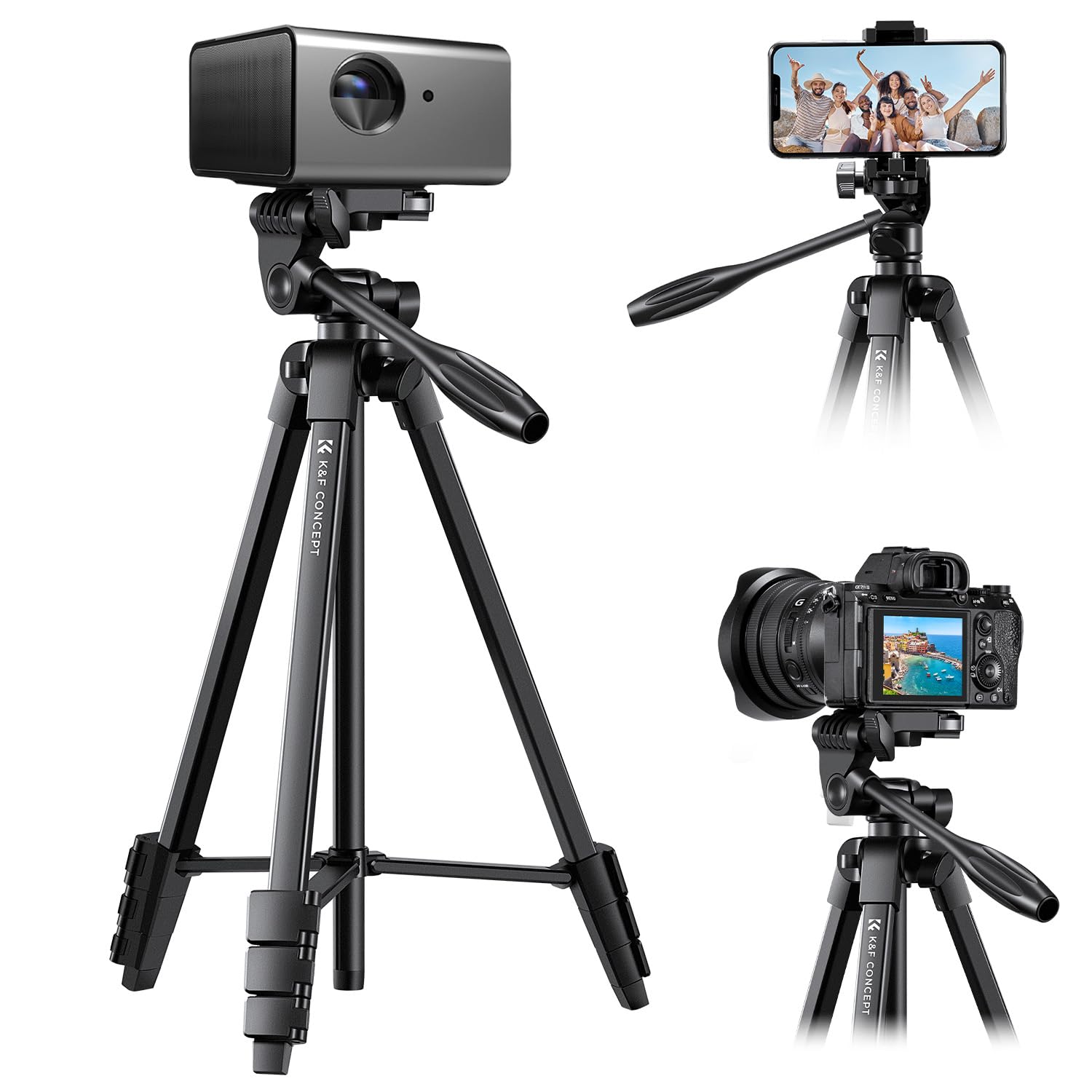 K&F CONCEPT Tripode Proyector, Trípode para Móvil 152cm Compatible con DSLR Canon Nikon Sony, Smartphone con Soporte para Móvil, Trípode de Viaje de Aluminio con Mando a Distancia Bluetooth | Soporte ultraligero de 0.6 kg, control remoto y teléfono celula