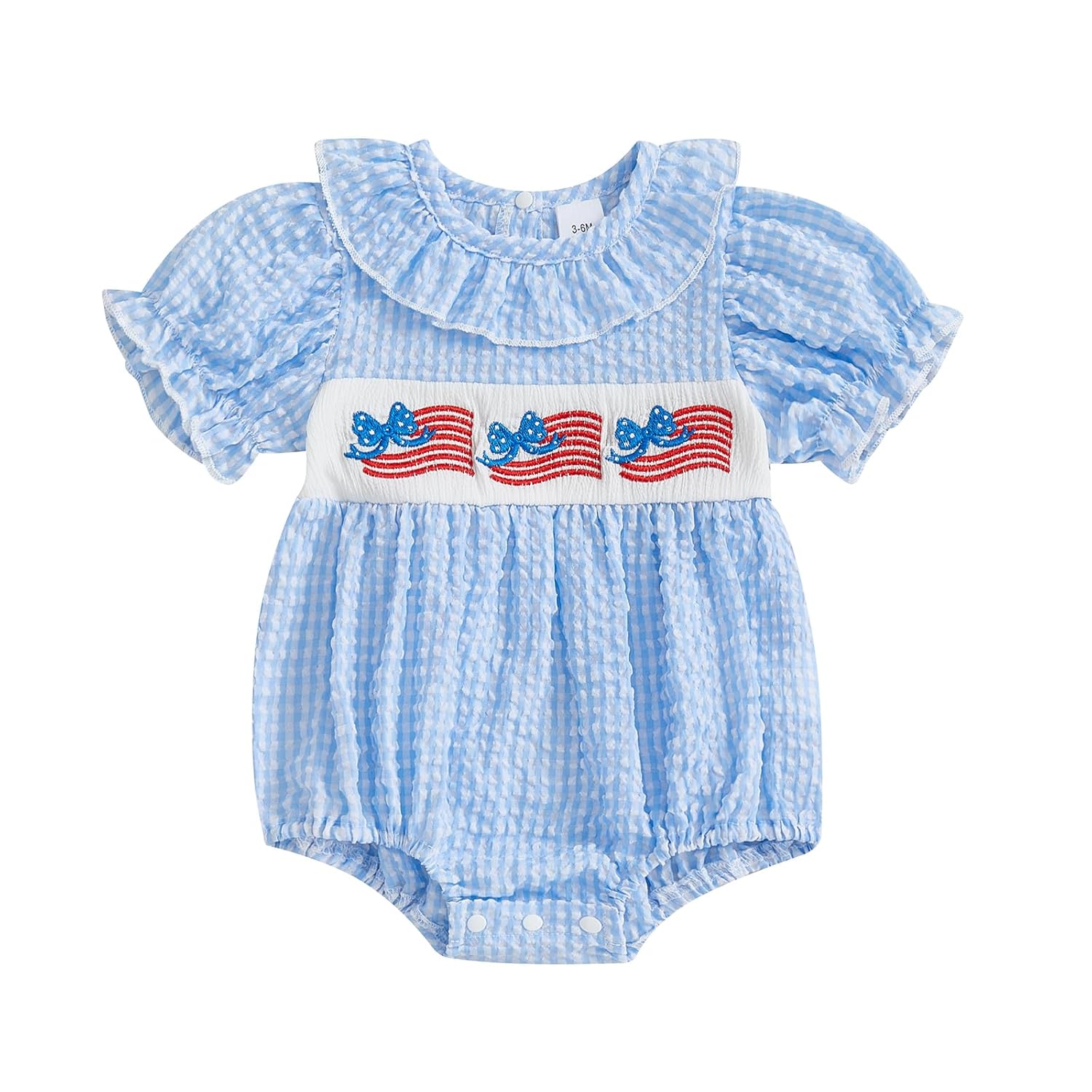 MoZiKQin 4th of July Baby Girl Outfit American Flag Embroidery Bubble Romper Puff Sleeve Bodysuit Fourth of July