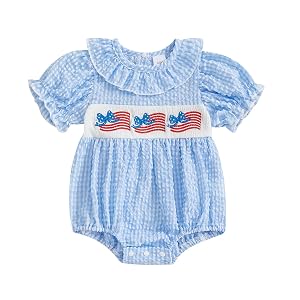 MoZiKQin 4th of July Baby Girl Outfit American Flag Embroidery Bubble Romper Puff Sleeve Bodysuit Fourth of July