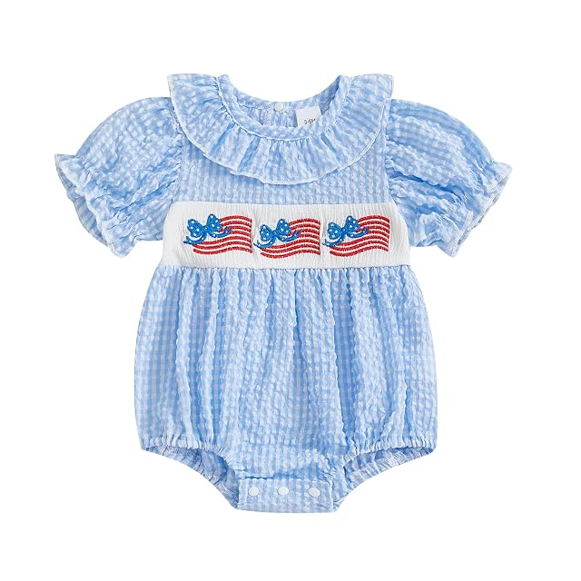 MoZiKQin 4th of July Baby Girl Outfit American Flag Embroidery Bubble Romper Puff Sleeve Bodysuit Fourth of July