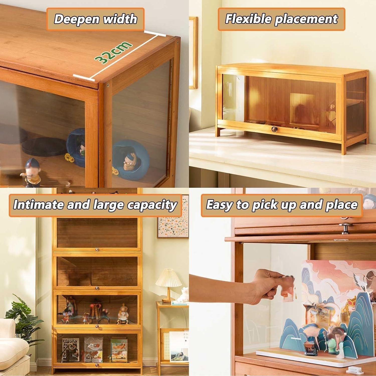 Acrylic Display Case, Display Cabinets for Collectables, Curio Cabinet Made of Natural Bamboo Material, Flip-top Door Design, Strong Load-bearing Capacity, and Easy Care(Light brown,80*32*106cm)