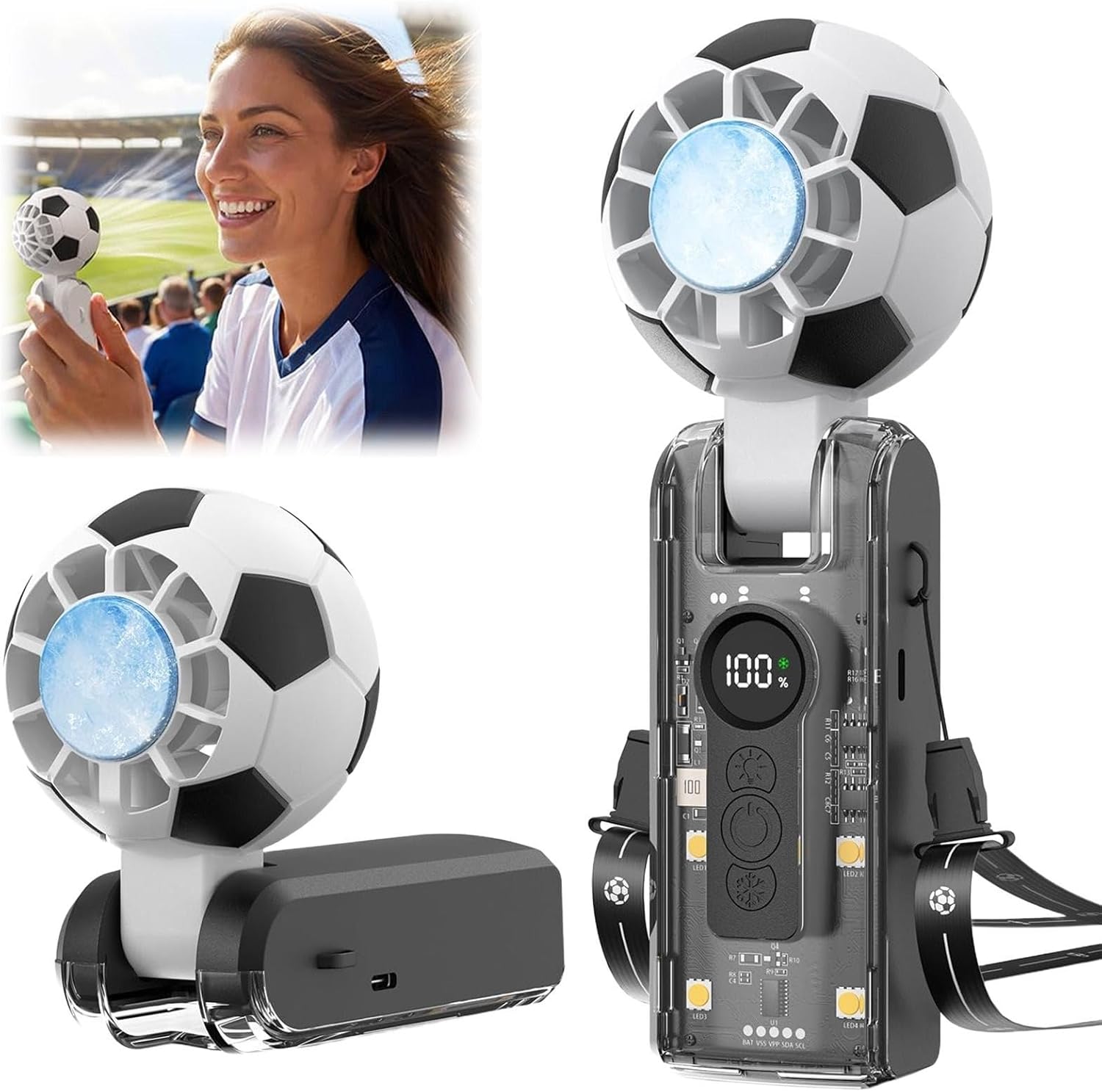 Portable Handheld Turbo Fan with Ice Cooler, Soccer-Shaped, Rechargeable, 180° Adjustable, Mini Pocket Fan for Travel, Outdoor, Office (Black)
