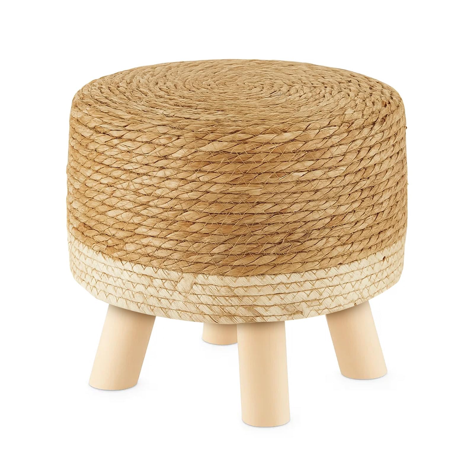 Footstool Natural Seagrass Hand Weave, Pastoral Style Footrest, Padded Foot Rest with Non-Skid Pine Legs, Wooden Sofa Stools, for Living Room, Bedroom, 29x29CM