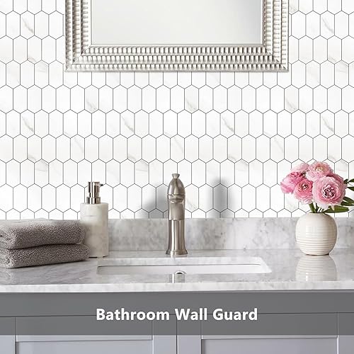 Vista 41 de Vamos Tile Azulejos hexagonales largos para despegar y pegar, 10 hojas para pegar en la pared del muro para la cocina y el baño, Calacatta dorado