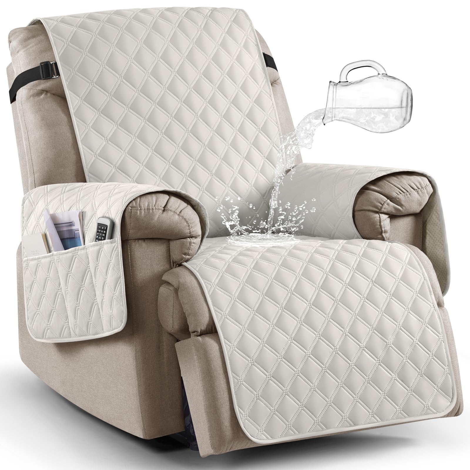 Ruaozz 100% Waterproof Recliner Chair Covers, Non-Slip Reclining Covers for Recliner Chair Washable Chair Cover, Recliner Covers with Pockets for Kids