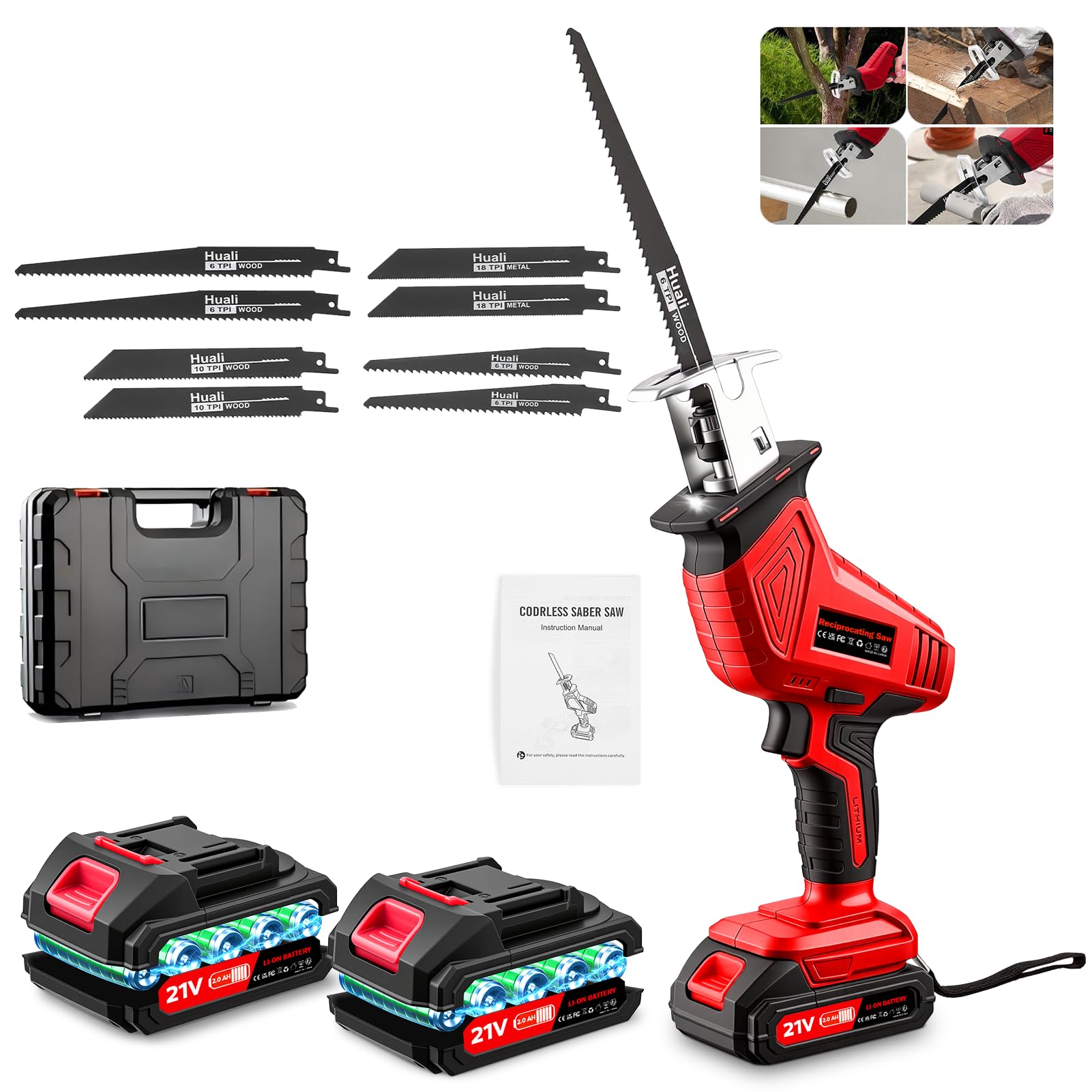 papasbox Reciprocating Saw,0-4000 RPM Variable Speed Cordless Electric Saws, 21V Brushless Wood Saws with 2pcs Batteries,8pcs Saw Blades,LED Light,Fast Charger for Metal Wood PVC Cutting-red
