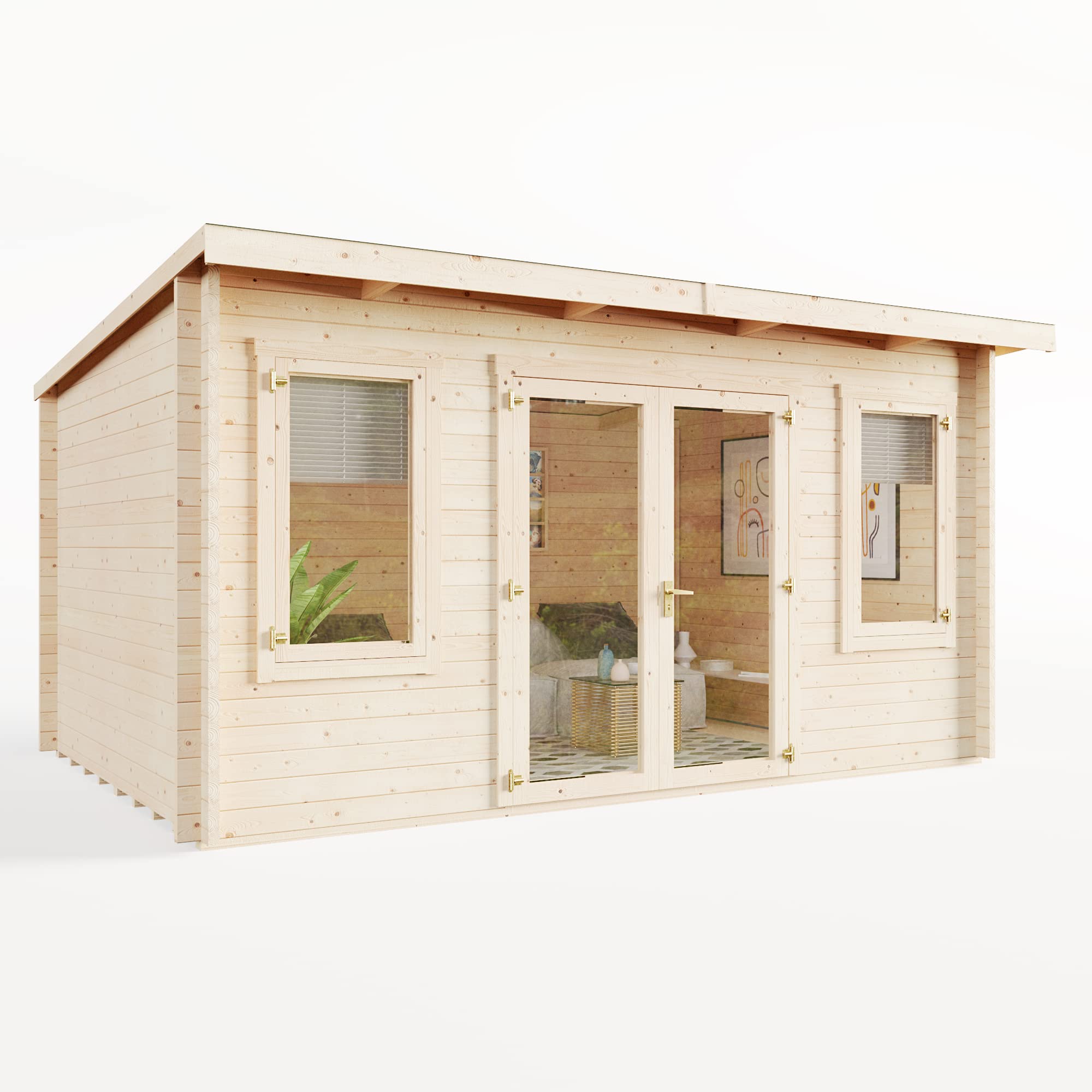 BillyOh Fraya 4.5m x 3m Log Cabin Summer House Shed with Pressure Treated Wood, Modern Pent Roof, Double Doors & Shatterproof Windows – Garden Room, Gym, Outdoor Office, Studio, or Garden House