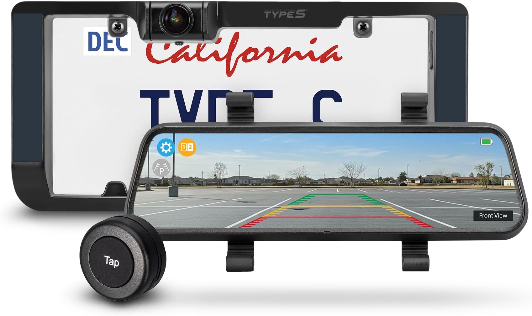 Type S Solar Powered Portable License Plate Frame Backup Camera with HD Monitor Built into Rear-View Mirror. Smart Wireless Button Control
