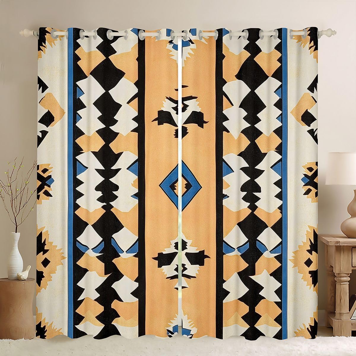 Yellow Boho Window Curtains Abstract Geometric Art Window Drapes,Watercolor Blackout Window Treatments,Modern Kids Boys Girls Room Decor, Grommet Top 2 Panel Set Bedroom Curtains, 42Wx84L inch