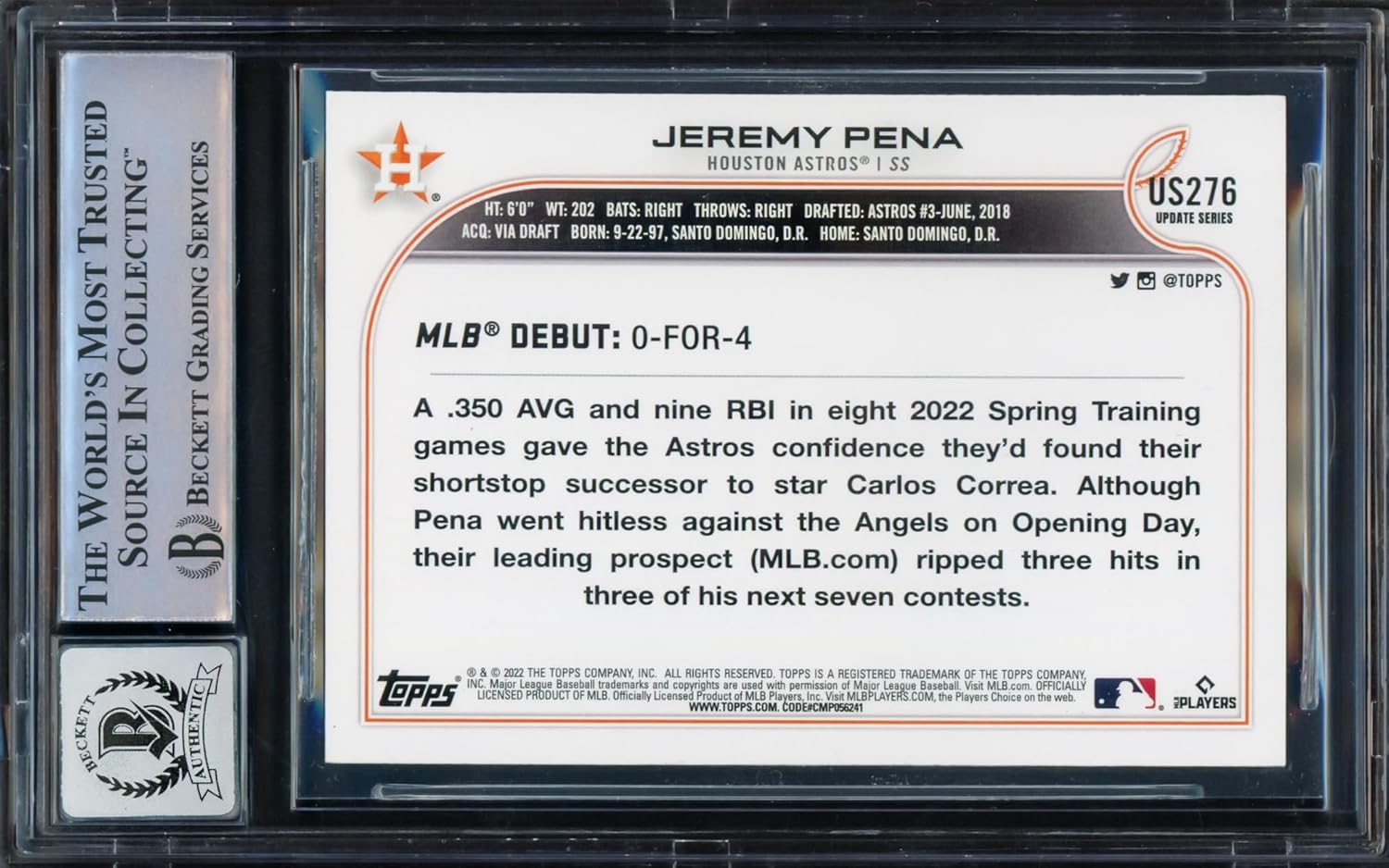 Jeremy Pena Autographed 2022 Topps Update Rookie Baseball Card #US276 Auto Grade Gem Mint 10 Beckett BAS Stock #229008