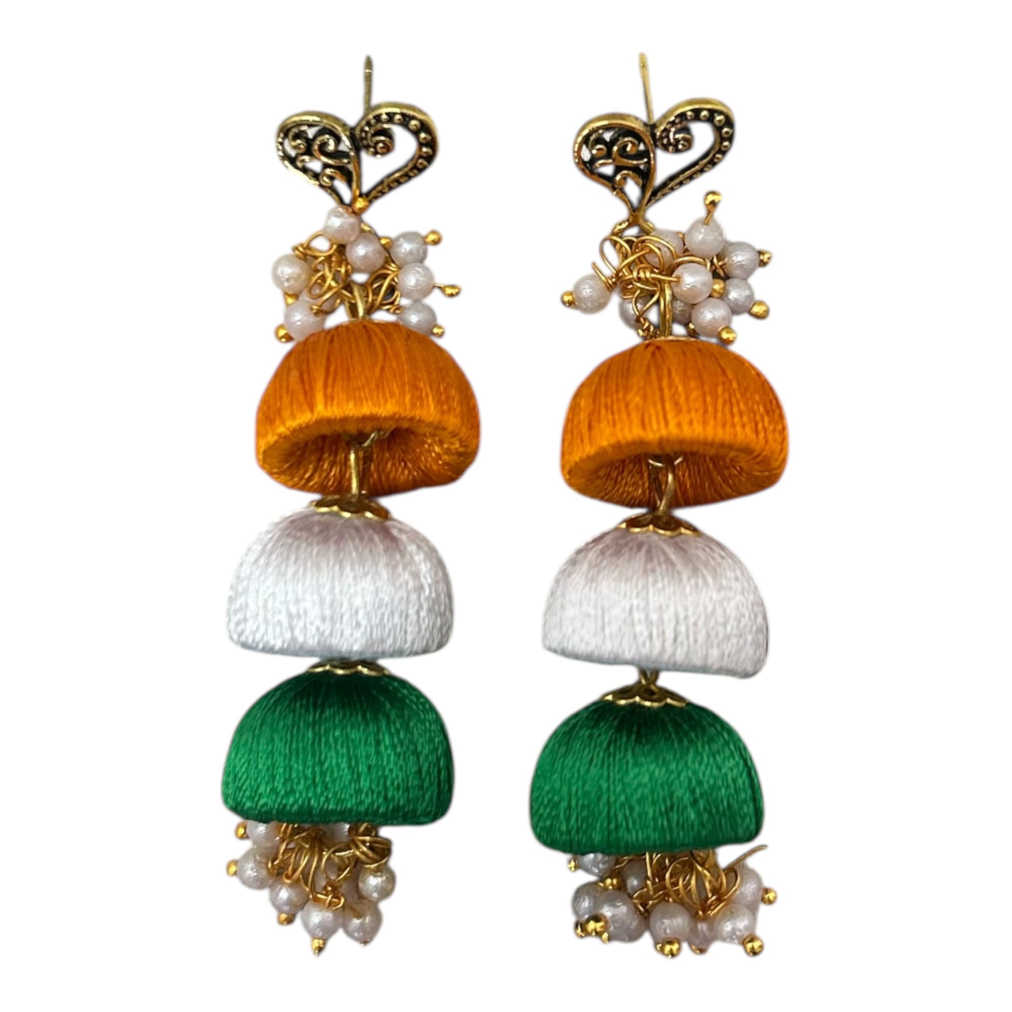 Flag Colour Silk Thread Earrings, Tricolor Orange White Green Jhumka with Pearl Beads and Heart Design-image-5
