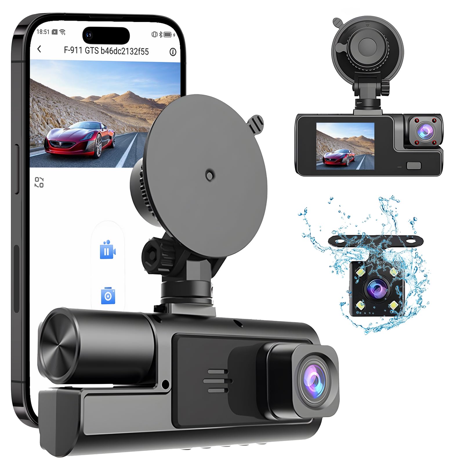 1080P Car Dash Cam 3 Kanal Vorne Hinten und Innen mit WiFi DVR Parküberwachung Bewegungserkennung G-Sensor Loop-Aufnahm Super Nachtsicht App Steuerung Sichtwinkel（170°+120°+140°）, C2