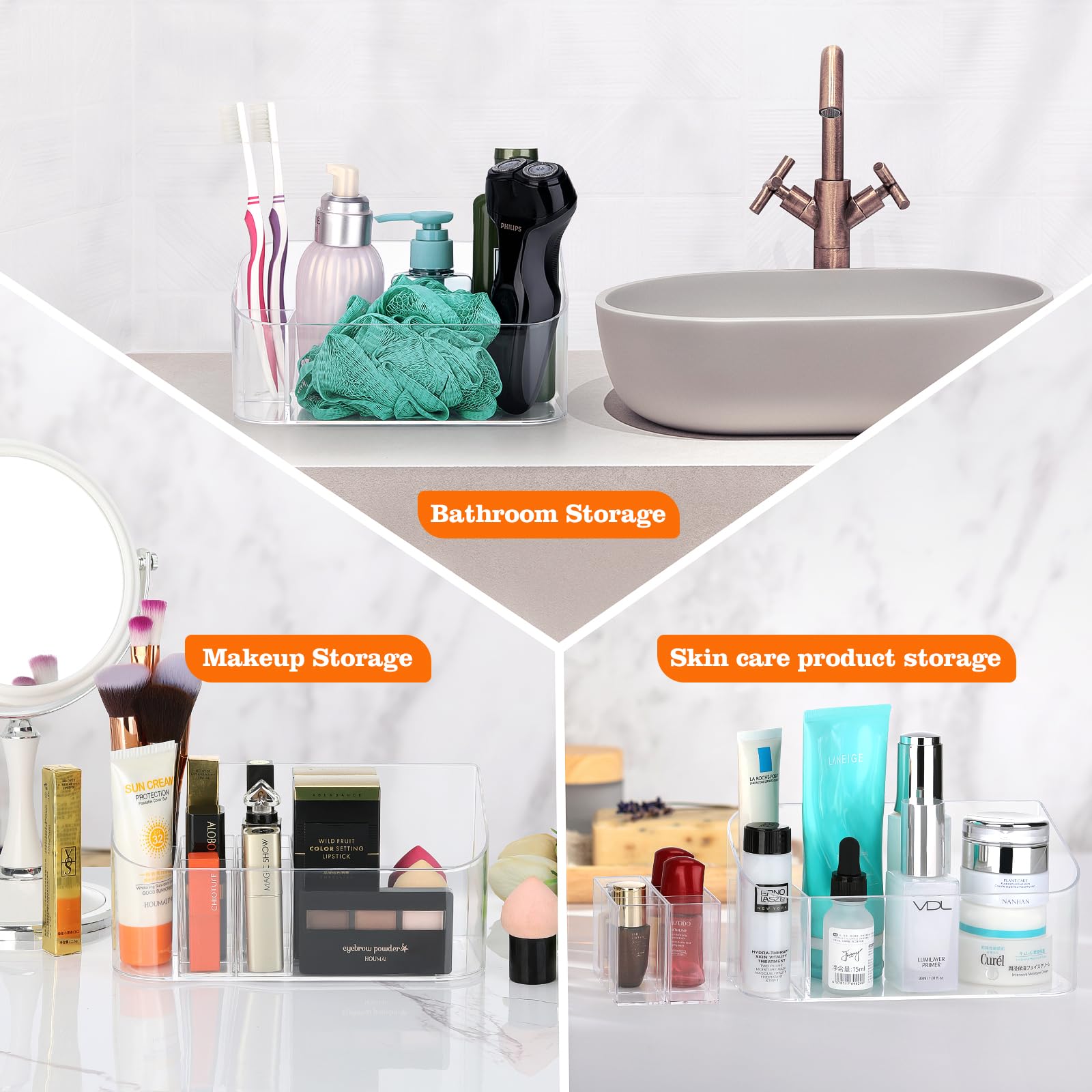Bandeja de maquillaje transparente, organizador de cosméticos, pequeño organizador de maquillaje para tocador, baño, encimera, mesa, escritorio, cajones de tocador (transparente)