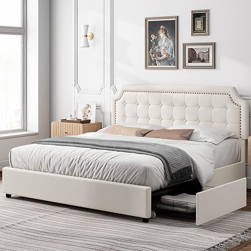Keyluv Full Bed Frame with 4 Drawers, Velvet Upholstered Platform Storage Bed with Curved Button Tufted Headboard with Nailhead Trim, Solid Wooden Slats Support, No Box Spring Needed, Beige
