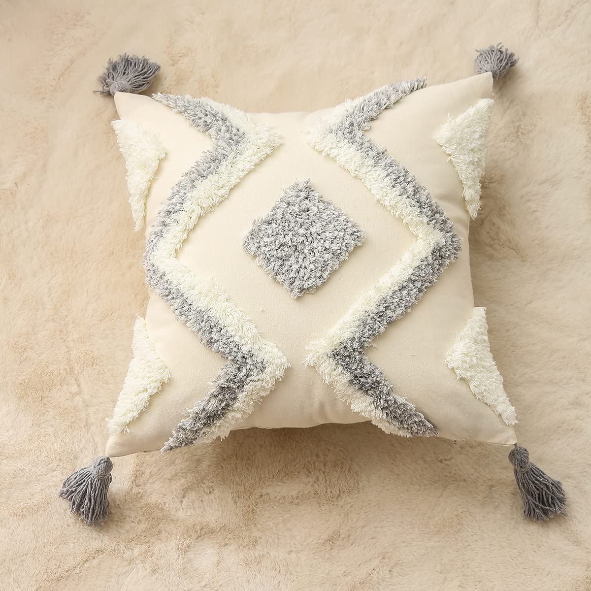 Boho Tufted Throw Pillow Covers 18x18 Inch Set of 2 Decorative Square Pillow Cases