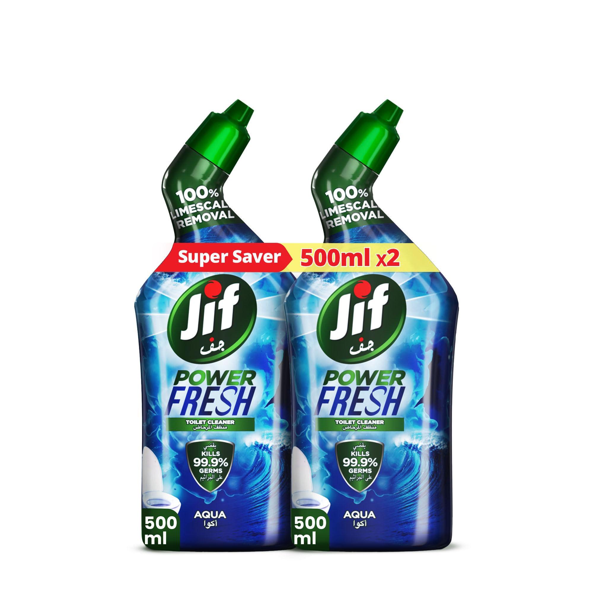 JIF Power Fresh Toilet Cleaner Liquid, Aqua, 100% Limescale Remover, Kills 99.9% Germs, 500ml x 2
