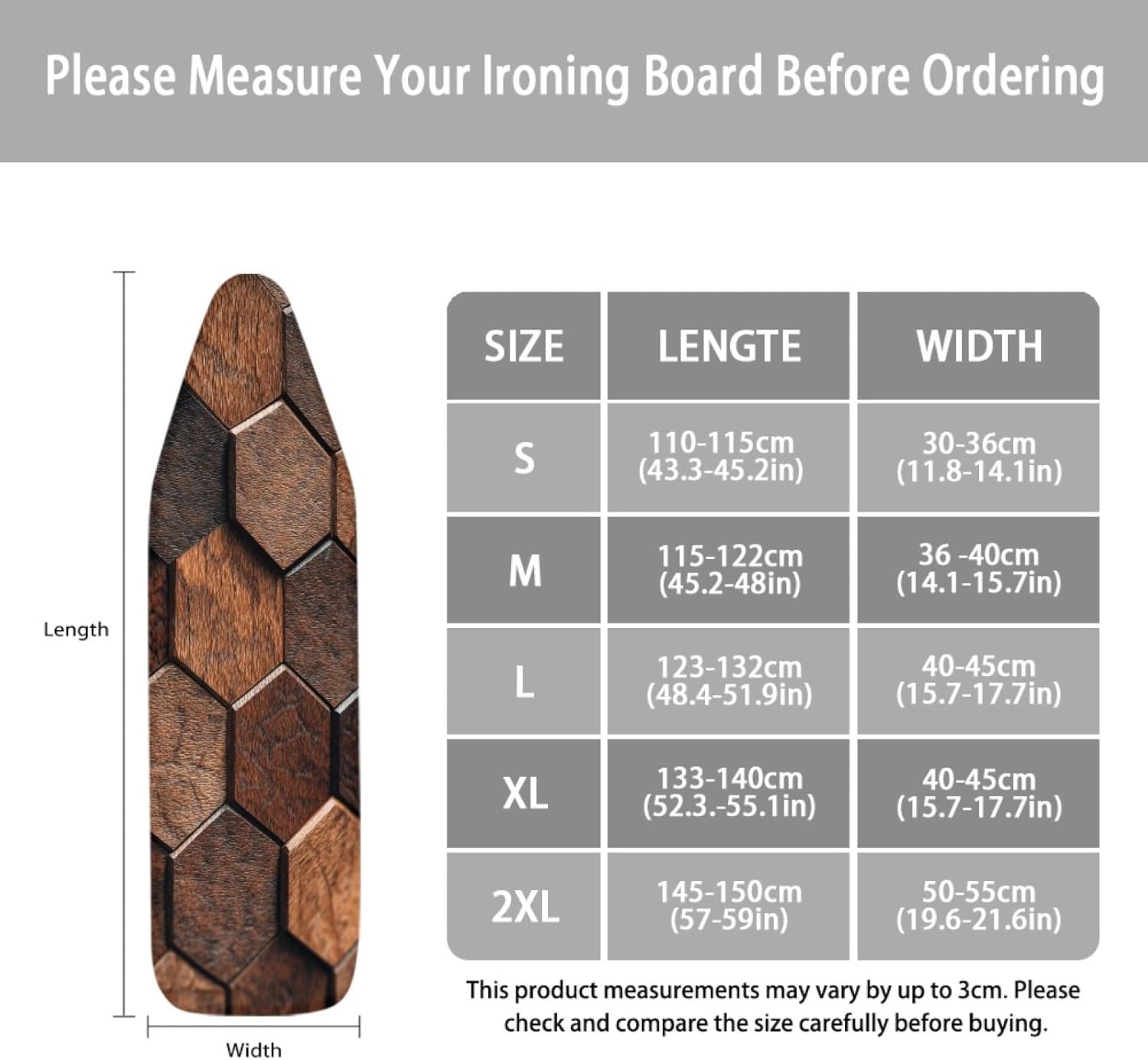 Padded Ironing Board Covers 18 X 49 Wood Hexagon Brown Ironing Board Pad and Cover Thick Replacement Drawstring Tightening & Lock, Easy Fit, Scorch & Stain Resistant, Non Slip