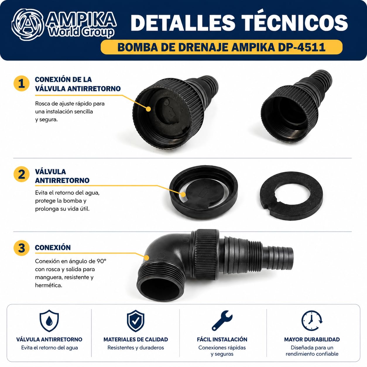 Bomba de drenaje sumergible Ampika DP4511 con flotador electrónico (capacidad de 120 l/min, profundidad máx. de inversión 7m), bombeo hasta 1...3 mm del suelo