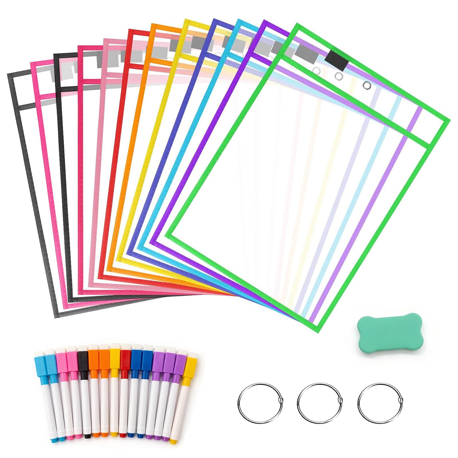 31Pcs Dry Erase Pockets SetοΌ12 PCS 36x26cm Reusable Dry Erase Pockets,15 PCS Erase Pens,1PCS Eraser,3 PCS Keyring,Use for Draw,Schedule Planning,School Work,Teacher School Classroom Suppliers&Resource