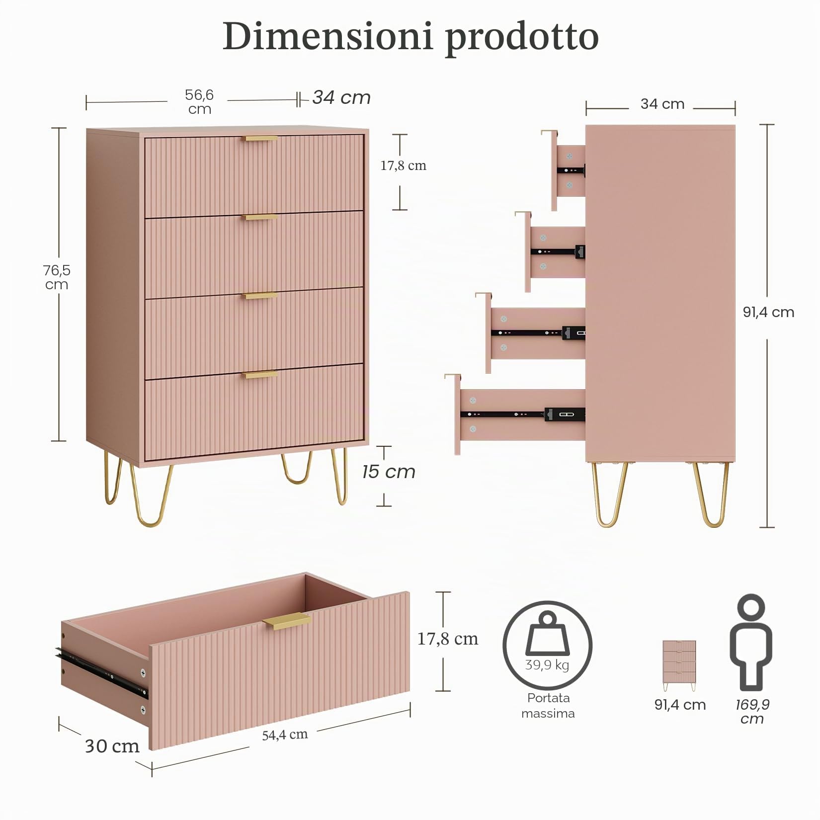 HEYZOEY Cassettiera con 4 cassetti, 34 x 60 x 91 cm, in legno con gamba dorata, moderna bohémien, per camera da letto, corridoio, soggiorno, rosa