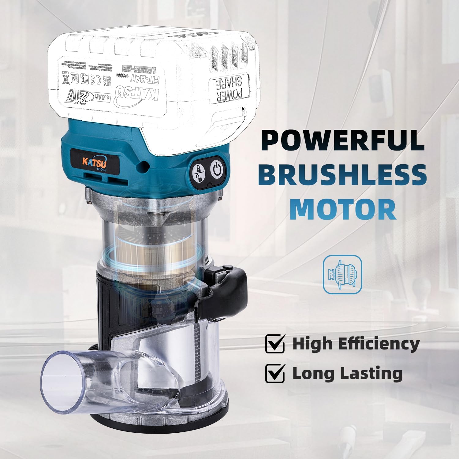 KATSU Cordless Wood Trimmer Laminator Router Router Strumento per falegnami 18V con 3 mandrini Pinze 1/4", 6 mm e 8 mm solo corpo