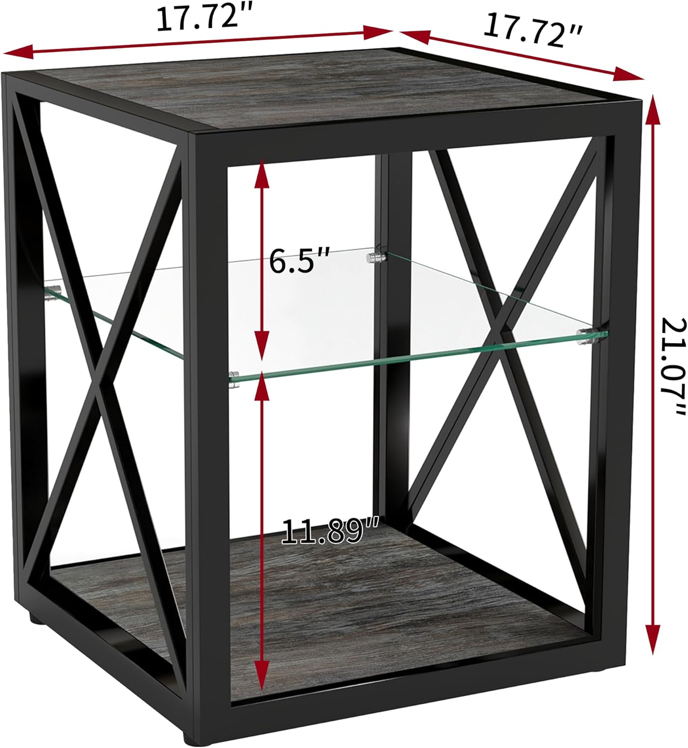 17.72 inch Nightstand, Metal Frame Sofa End Table with Tempered Glass& Rustic Wooden Top and Bottom, Industrial Style Modern Side Table with Storage Shelf for Living Room