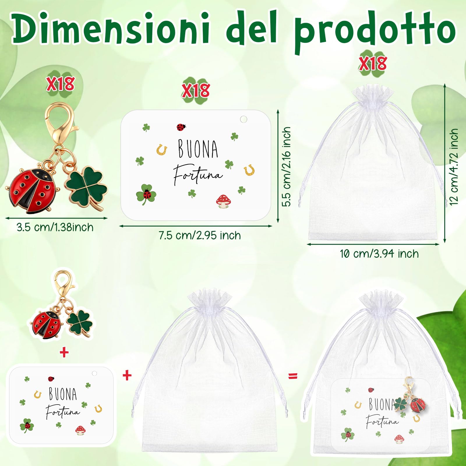 BBTO 18 Set Portafortuna 18 Portachiavi Ciondoli a Forma di Trifoglio e Coccinella 18 Biglietti Portafortuna 18 Piccoli Sacchetti in Organza Regalo per Esami Addio Compleanno Laurea