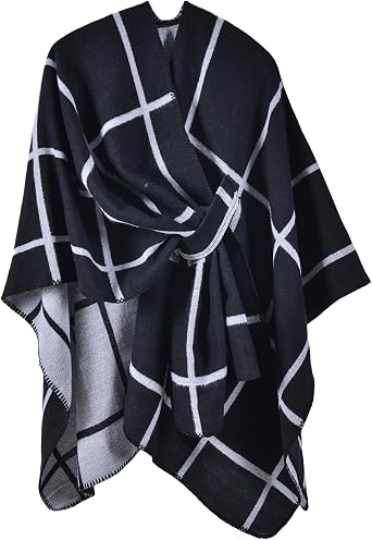 Favorland Womens Plaid Fall Winter Blanket Wrap Poncho Cape Open Front Cardigan Shawls