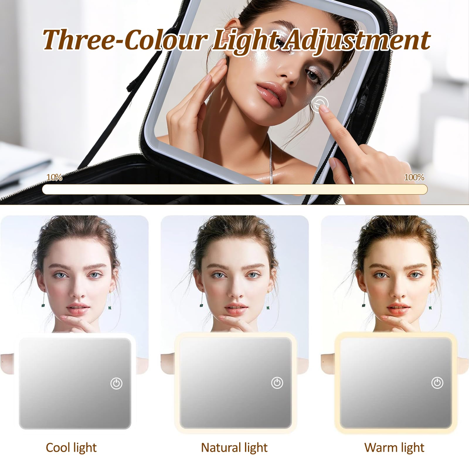 Reise-Make-up-Tasche mit LED-Spiegel, Make-up-Organizer mit verstellbarem Fach, großes Fassungsvermögen, Kosmetiktasche, 3 Farbmodi, beleuchteter Spiegel, Make-up-Tasche (Leopardenmuster)