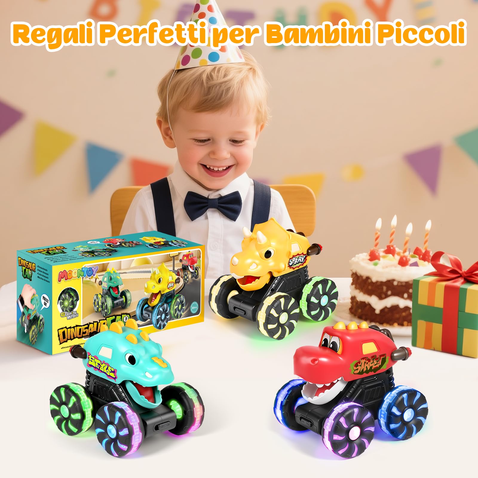 MOONTOY 3 Pezzi Dinosauro Giocattolo con Luci, Monster Truck Press and Go, Macchinina Bambino 1 Anno, Regalo di Compleanno e Natale per Bambini e Bambine 1 2 3 Anni