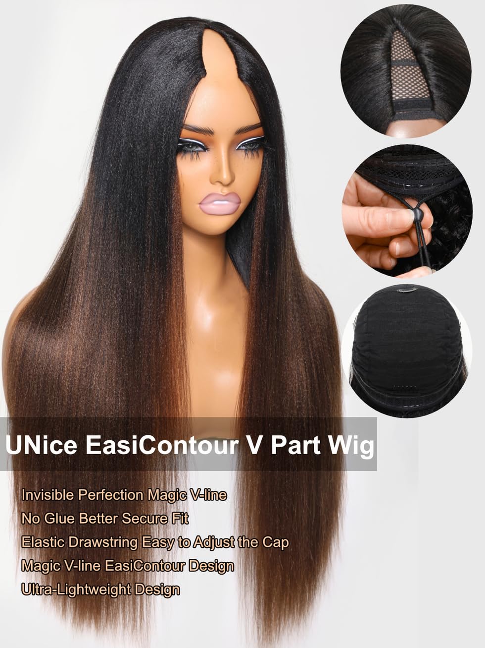 Human Hair V Part Wig Yaki Straight EasiContour Glueless 22 Inch 150% Density Amazon.com : Beauty Forever V Part Wig Human Hair Yaki  main image 4