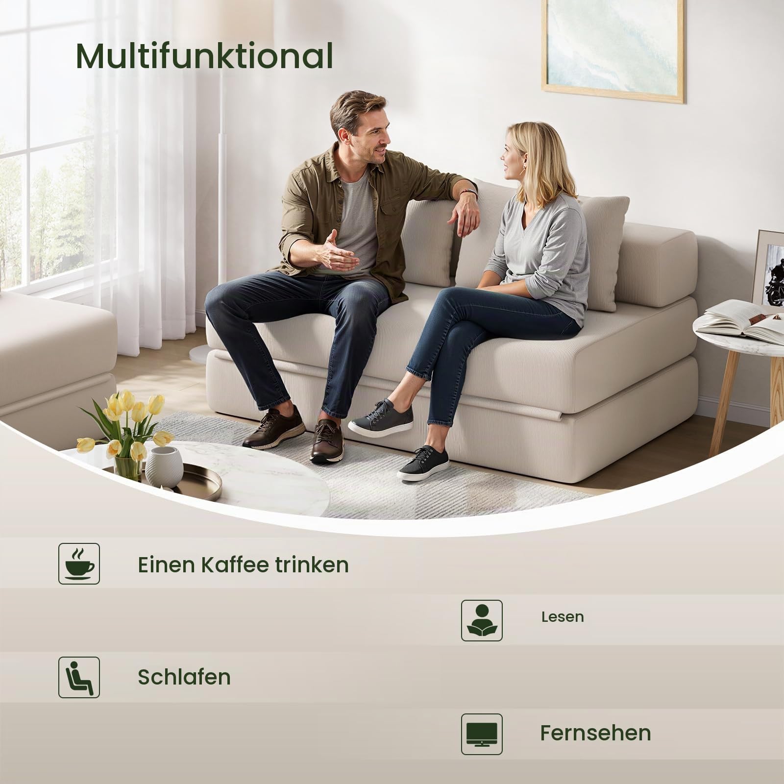 EUGAD Schlafsofa 2-Sitzer, Klappbares Bodensofa mit Kissen, Beige