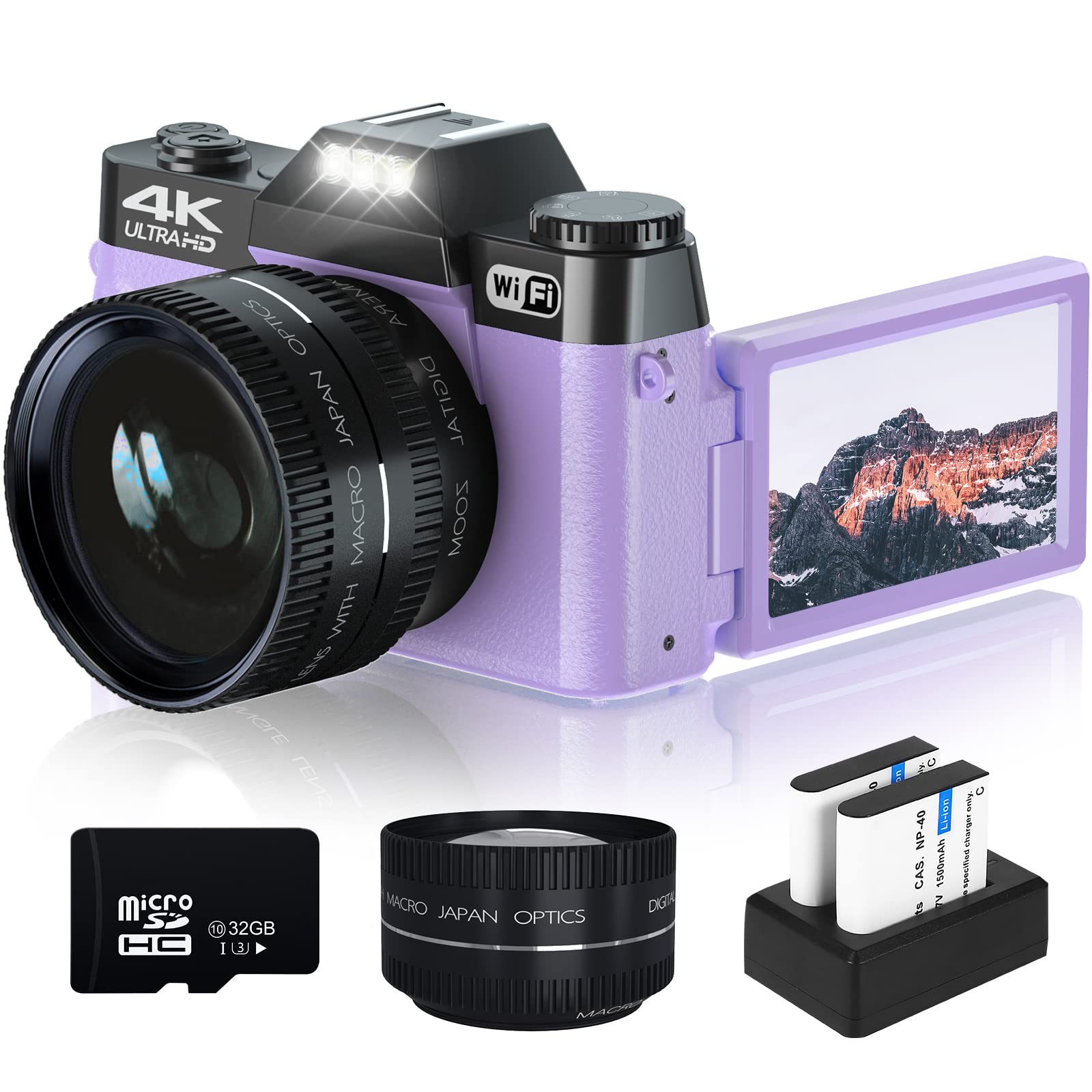 Digital Cameras for Photography, 4K 48MP Vlogging Camera 16X Digital Zoom Manual Focus Rechargeable Students Compact Camera with 52mm Wide-Angle Lens & Macro Lens, 32G Micro Card and 2 Batteries
