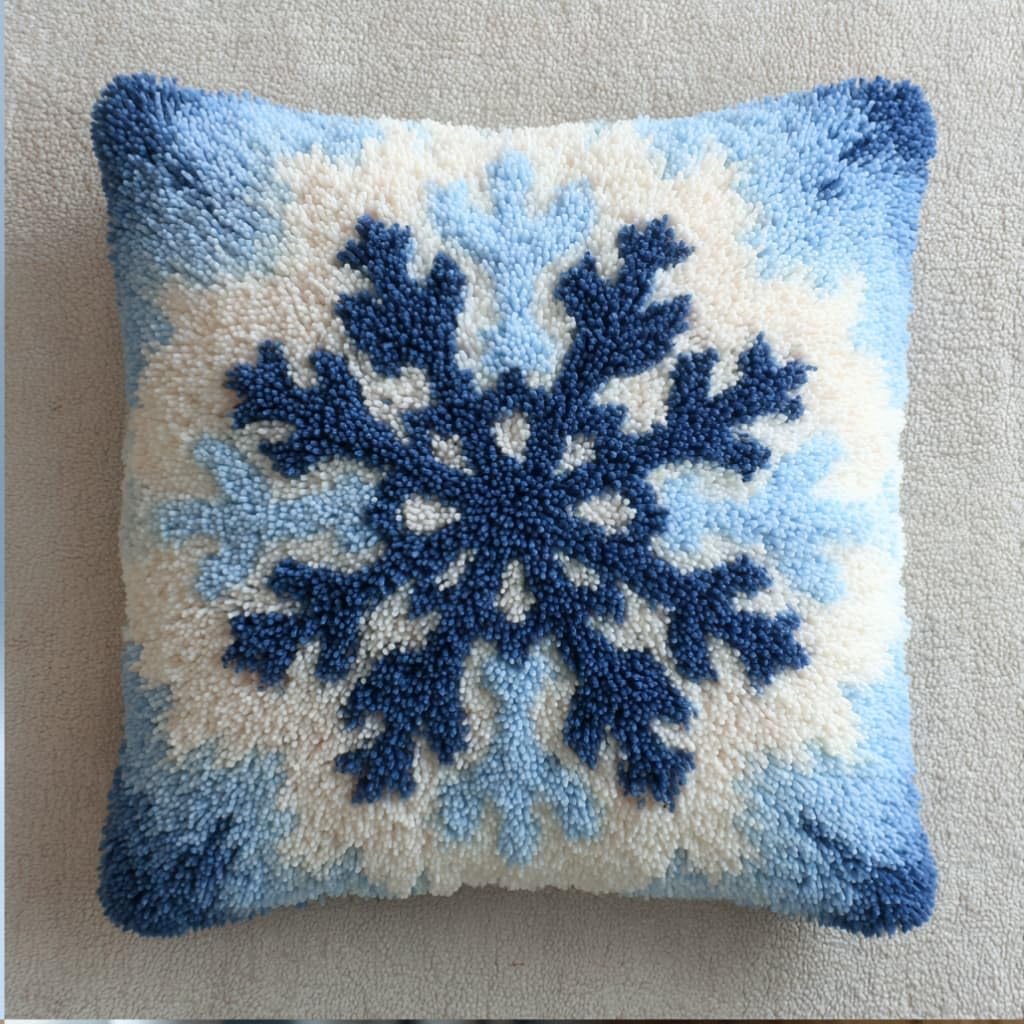 WallustrioaW DIY Latch Hook Pillow Kit,Snowflake 17X17 Inch Pillowcase Kits Embroidery Kits DIY Needlework Pillow Cover Sofa Cushion Rug Making