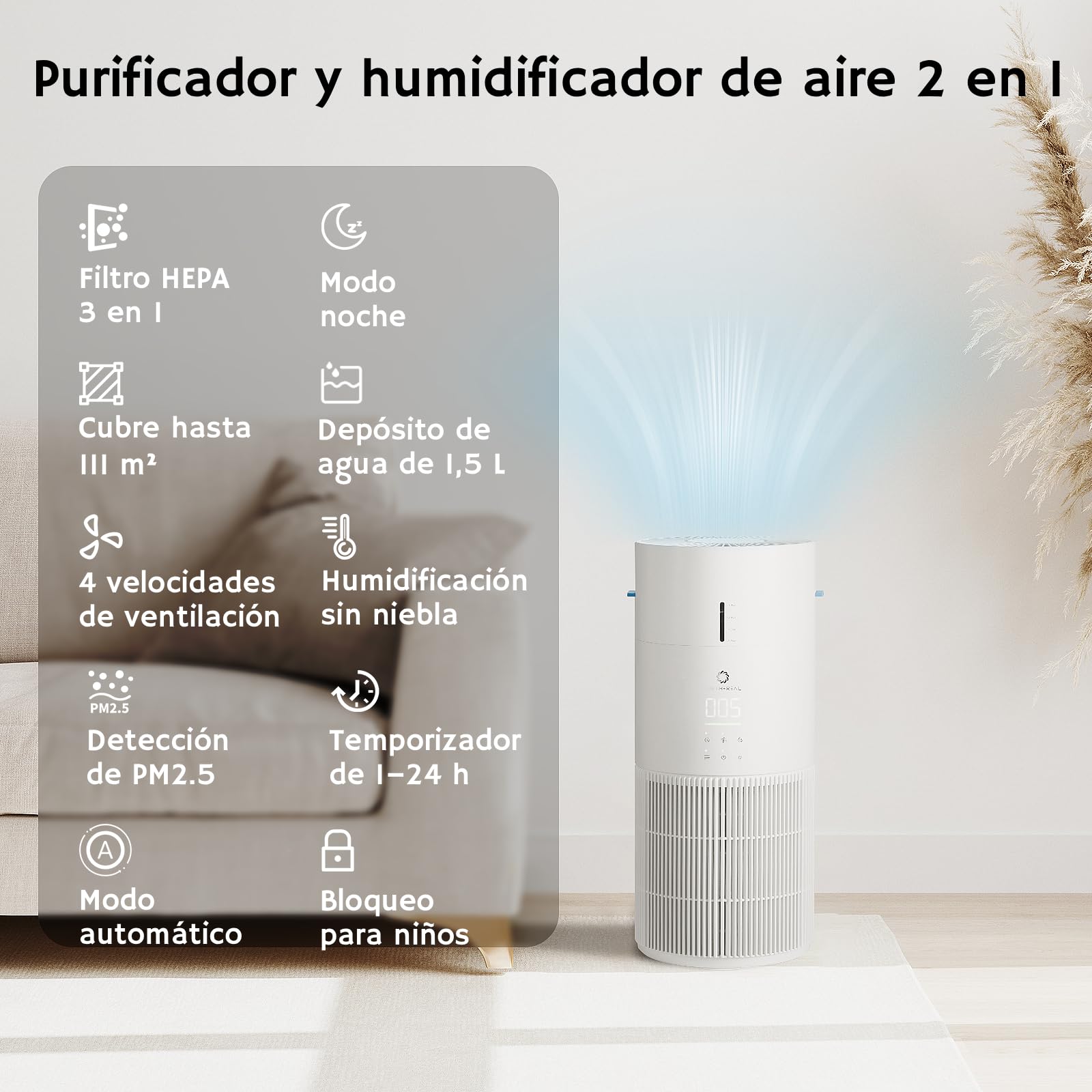 Airthereal Purificador y Humidificador 2 en 1 para 125 m², Filtro 3 Etapas, Monitor de Aire, Modo Sueño Silencioso, Humidificador con Monitor Automático de Humedad, AEH300