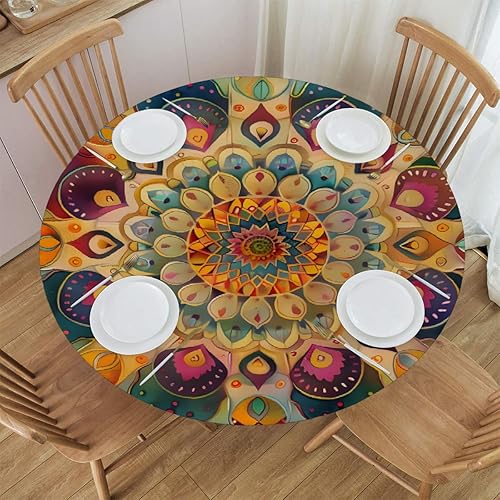 Vista 302 de Pardick Mantel redondo ajustable con diseño de flores de arte en acuarela con mantel elástico, mantel elástico redondo, impermeable, lavable, se