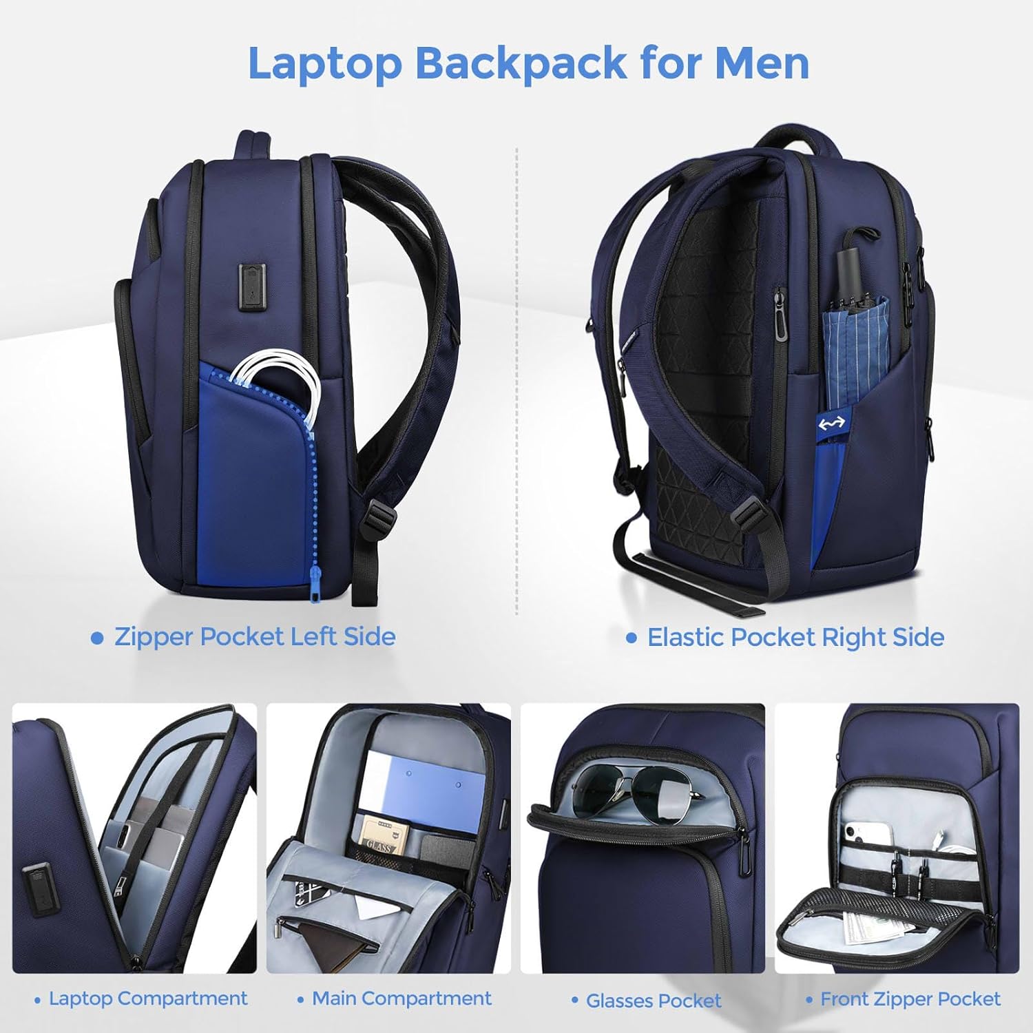 17.3 Inch Laptop Backpack for Travel Work Office College, 30L Water Resistant Casual Daypack, Lightweight Computer Backpack for Men Women, Business Laptop Bag with USB Charging Port - Blue