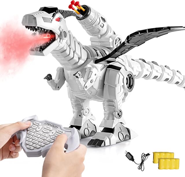 Remote Control Robot Dinosaur Toy with Mist Spray and Soft Bullets Shooting, Interactive Electronic Fire Breathing Dragon with Programming, Intelligent Walking T-rex Toy Gift for Kids