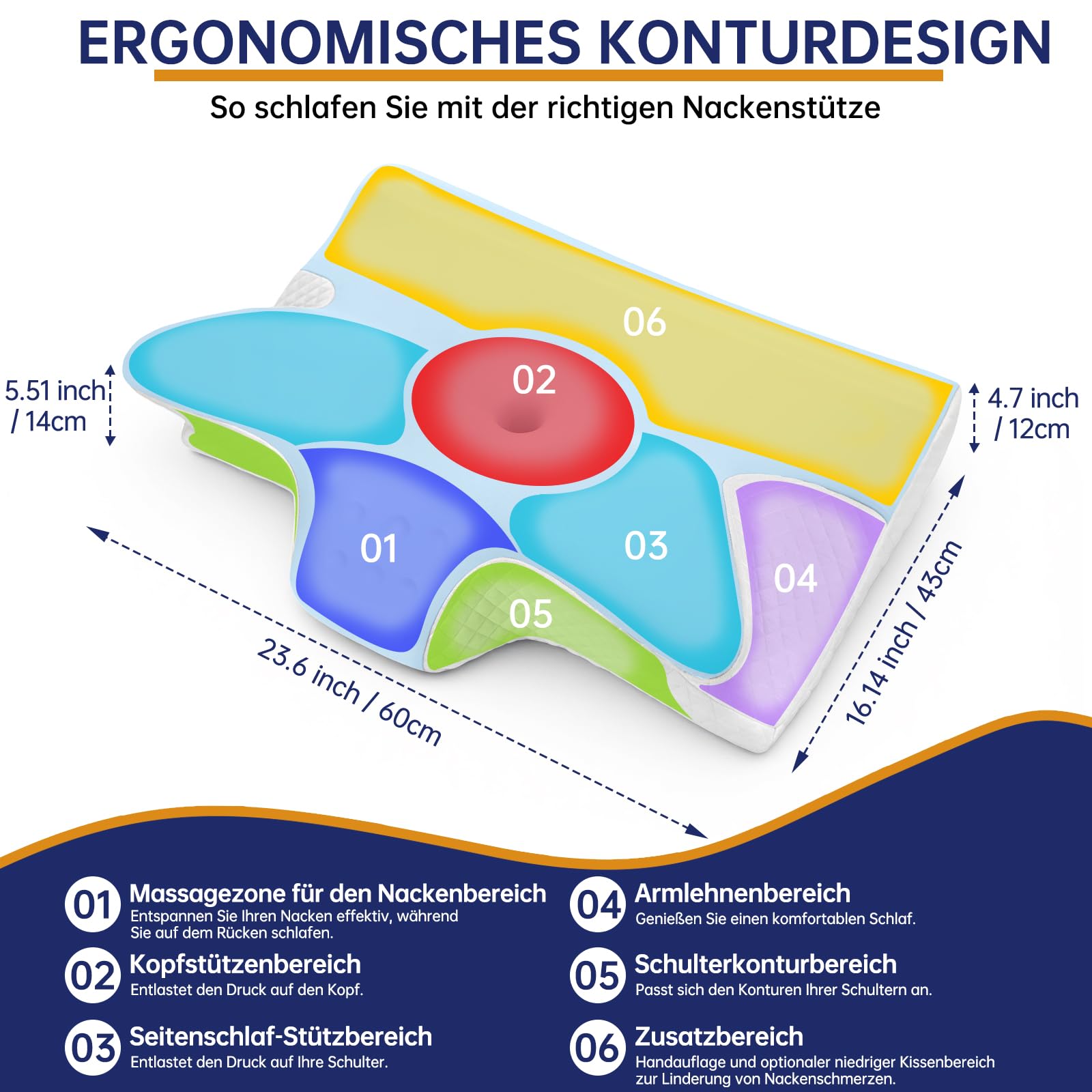 Nackenkissen Kopfkissen, Ergonomisches Nackenstützkissen, Orthopädisches Kissen Memory Foam, Seitenschläferkissen Nackenkissen für Seiten, Rücken & Bauchschläfer 60x43x14/12cm Grau