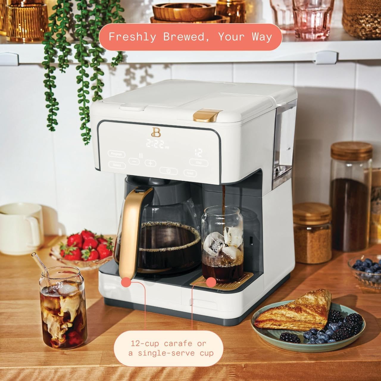 Multi-Brew Coffee Maker, 12-Cup Carafe + Single-Serve, Pods or Grounds, Over Ice, Touch Display by Drew Barrymoree.