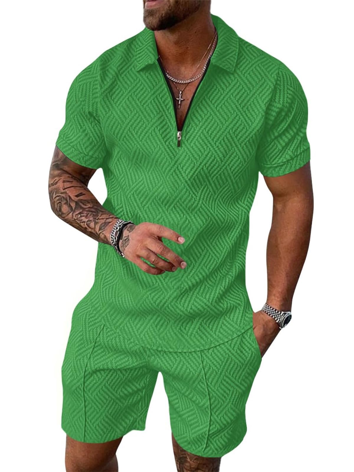 PICKLION Conjunto de 2 piezas de verano para hombre, manga corta y pantalones cortos, estilo casual, vacaciones, con cremallera de 1/4, polo de golf
