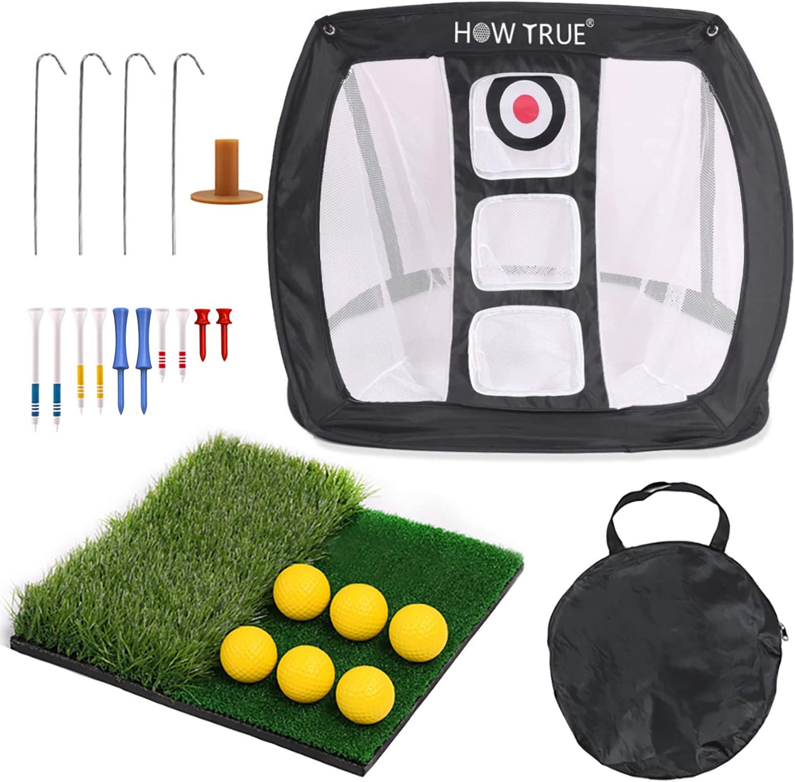 Pop Up Golf Chipping Net Dual Turf Hitting Mat with 3 Rubber Tees Combo, 3-Target Hole Practice Training Aid with 6 Training Balls for Indoor Backyard Practice Swing Game, Green